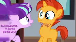 Size: 750x421 | Tagged: safe, derpibooru import, edit, edited screencap, screencap, starlight glimmer, sunburst, pony, unicorn, uncommon bond, age regression, blank flank, caption, colt sunburst, female, filly, filly starlight glimmer, great moments in animation, image macro, imminent glomp, meme, mirrored, motion blur, nyoom, pigtails, text, younger