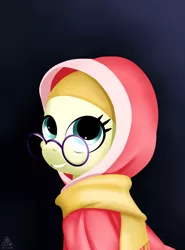 Size: 5000x6750 | Tagged: safe, artist:poecillia-gracilis19, derpibooru import, desert flower, earth pony, pony, absurd resolution, background pony, bust, clothes, cute, female, glasses, mare, meganekko, portrait, scarf, smiling, somnambula resident