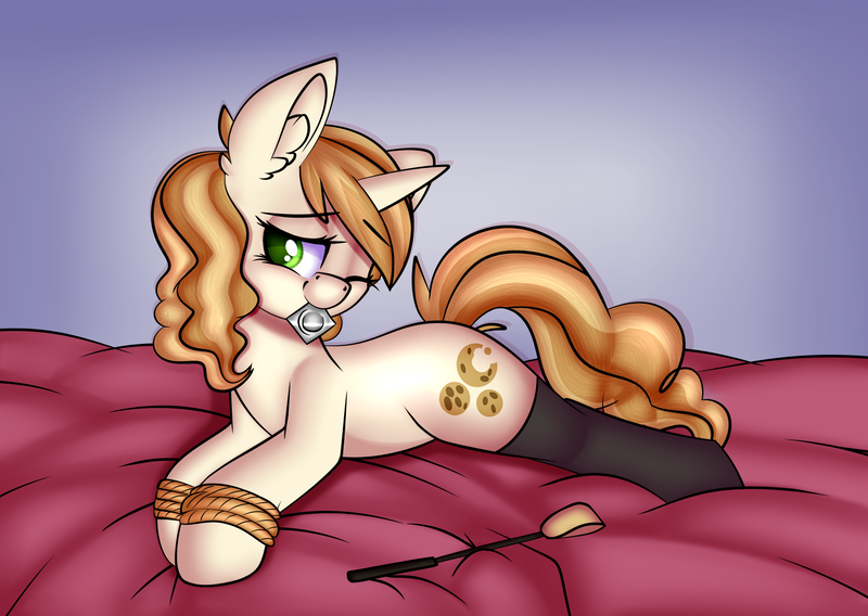 Size: 1748x1240 | Tagged: suggestive, artist:xcinnamon-twistx, derpibooru import, sweet biscuit, pony, bedroom eyes, bondage, clothes, condom, condom in mouth, ear fluff, female, happy bondage, mouth hold, one eye closed, prone, riding crop, rope, socks, solo, solo female, wink