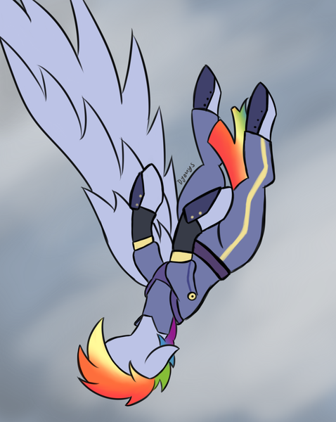 Size: 1181x1481 | Tagged: alternate timeline, amputee, apocalypse dash, artist:dyonys, crystal war timeline, derpibooru import, falling, missing limb, missing wing, rainbow dash, safe