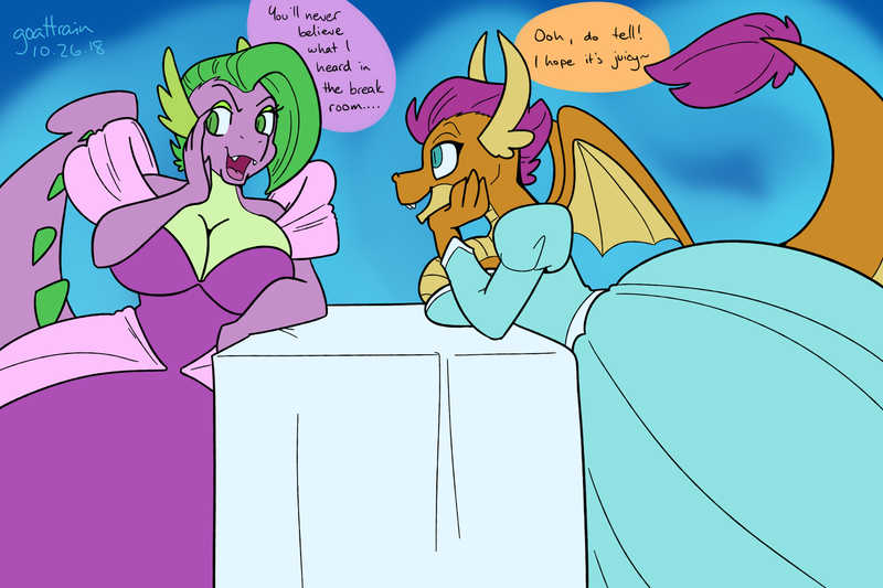 Size: 2400x1600 | Tagged: age progression, animated actors, anthro, artist:goat train, barb, barbara greenscale, behind the scenes, breasts, busty barb, busty smolder, clothes, derpibooru import, dialogue, dragon, dragoness, dress, female, gown, impossibly large dress, older barb, princess smolder, rule 63, samantha goldenwing, smolder, spike, suggestive