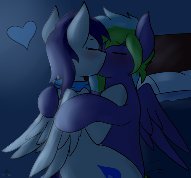 Size: 2146x1995 | Tagged: safe, artist:candel, derpibooru import, oc, oc:waterpony, oc:weldbead, unofficial characters only, pegasus, pony, bed, blushing, commission, eyes closed, gay, heart, hug, kissing, male, moonlight, oc x oc, pillow, shipping, sitting on lap, wings