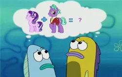 Size: 2080x1312 | Tagged: safe, derpibooru import, edit, edited edit, edited screencap, screencap, firelight, starlight glimmer, fish, pony, unicorn, bad edit, clothes, crossover, cutie mark, daughter, equal sign, family, father, father and child, father and daughter, female, firelight glimmer, glimmercest, incest, male, mare, math, necktie, plus sign, question mark, shipping, shirt, smiling, spongebob squarepants, stallion, straight, symbol, teeth, thinking, thought bubble, underwater, vest, wall of tags, xk-class end-of-the-world scenario