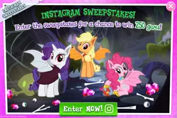 Size: 1037x688 | Tagged: safe, derpibooru import, official, pinkie pie, rarity, alicorn, bat pony, bat pony alicorn, night of the living apples, spoiler:comic, spoiler:comic33, advertisement, alicornified, bat ponified, bat wings, gameloft, gem, horn, living apple, pinkiebat, race swap, raribat, raricorn, sweepstakes, wings