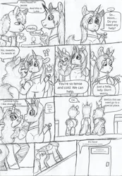 Size: 1153x1662 | Tagged: safe, artist:69beas, derpibooru import, oc, oc:jessie feuer, oc:khal, oc:luke pineswood, alicorn, pegasus, pony, unicorn, comic:jessie loves to break rules, alicorn oc, comic, fangs, fluffy, horn, silly, wings