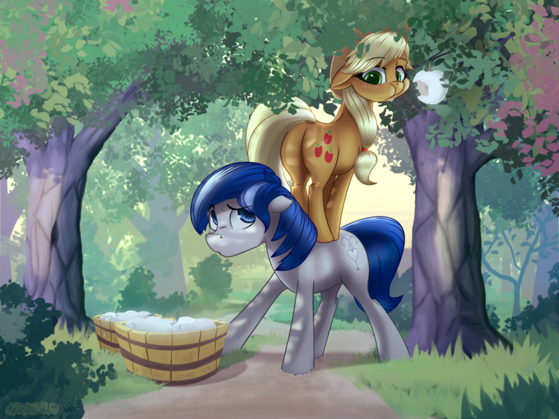 Size: 2500x1875 | Tagged: safe, artist:mercurial64, derpibooru import, applejack, oc, oc:constance everheart, pony, apple, apple tree, basket, canon x oc, everjack, female, food, male, mare, shipping, stallion, straight, that pony sure does love apples, tree