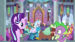 Size: 1280x720 | Tagged: safe, derpibooru import, screencap, ballet jubilee, candy grapes, creamy nougat, end zone, fire flicker, gallus, gooseberry, huckleberry, lemon crumble, ocarina green, peppermint goldylinks, sandbar, silverstream, smolder, spike, starlight glimmer, yona, dragon, earth pony, gryphon, pegasus, pony, unicorn, a matter of principals, background pony, butt, colt, dragoness, female, filly, friendship student, hyper sonic, male, mare, plot, school of friendship, smiling, stallion, winged spike, wings