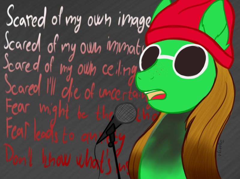 Size: 1181x881 | Tagged: safe, artist:dyonys, derpibooru import, oc, oc:lucky brush, unofficial characters only, earth pony, pony, doubt, female, glasses, hat, lyrics, mare, microphone, solo, song reference, text, twenty one pilots