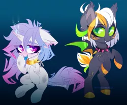 Size: 1775x1467 | Tagged: safe, artist:zombie, derpibooru import, oc, oc:dree deray, oc:frizzle frisk, unofficial characters only, bat pony, pony, unicorn, bat pony oc, bat wings, chains, choker, female, floppy ears, gradient background, looking at you, mare, smiling, tongue out, wings