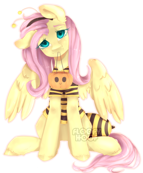 Size: 1581x1916 | Tagged: safe, artist:floofyhoof, derpibooru import, fluttershy, pegasus, pony, animal costume, bee costume, clothes, costume, cute, female, flutterbee, halloween, head tilt, holiday, looking at you, mare, mouth hold, nightmare night costume, outline, pumpkin bucket, shyabetes, simple background, sitting, solo, transparent background, trick or treat, wings