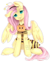 Size: 1581x1916 | Tagged: safe, artist:floofyhoof, derpibooru import, fluttershy, pegasus, pony, animal costume, bee costume, clothes, costume, cute, female, flutterbee, halloween, head tilt, holiday, looking at you, mare, mouth hold, nightmare night costume, outline, pumpkin bucket, shyabetes, simple background, sitting, solo, transparent background, trick or treat, wings