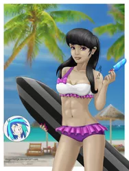Size: 1200x1600 | Tagged: safe, alternate version, artist:magarnadge, derpibooru import, octavia melody, vinyl scratch, human, equestria girls, abs, bikini, blood, breasts, cleavage, clothes, equestria girls outfit, female, food, humanized, lesbian, nosebleed, popsicle, scratchtavia, shipping, signature, surfboard, swimsuit