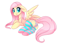 Size: 1024x742 | Tagged: suggestive, artist:scarlet-spectrum, derpibooru import, fluttershy, pegasus, pony, butt, clothes, cute, daaaaaaaaaaaw, dock, female, floppy ears, hnnng, looking at you, looking sideways, mare, messy mane, one wing out, panties, plot, polka dot underwear, prone, shyabetes, simple background, smiling, socks, solo, solo female, stockings, striped socks, thigh highs, three quarter view, transparent background, underwear, wings