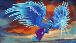 Size: 2059x1158 | Tagged: anthro, anthro oc, armor, artist:phucknuckl, derpibooru import, female, large wings, mare, oc, oc:runic shield, pegasus, safe, shield, solo, sword, unconvincing armor, unguligrade anthro, unofficial characters only, weapon, wings