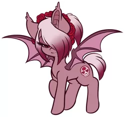 Size: 4603x4293 | Tagged: safe, artist:wickedsilly, derpibooru import, oc, oc:kala vera, unofficial characters only, bat pony, pony, absurd resolution, bat pony oc, bat wings, cutie mark, fangs, female, flower, flower in hair, hair over one eye, mare, raised hoof, simple background, smiling, solo, spread wings, white background, wings