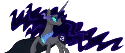 Size: 1024x440 | Tagged: safe, artist:shiiazu, derpibooru import, oc, oc:somber moon, unofficial characters only, pony, unicorn, base used, cape, clothes, colored horn, colored pupils, cutie mark, ethereal mane, female, horn, jewelry, moon, offspring, parent:king sombra, parent:nightmare moon, parent:princess luna, parents:lumbra, parents:sombramoon, regalia, shadow, simple background, solo, sombra eyes, sparkles, transparent background