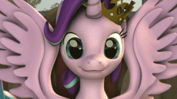 Size: 1280x720 | Tagged: safe, artist:senrobotpony, derpibooru import, princess celestia, starlight glimmer, alicorn, 3d, alicornified, animated, chair, close-up, crown, cute, glimmerbetes, grin, jewelry, race swap, regalia, smiling, solo focus, sound, source filmmaker, spread wings, squee, starlicorn, tree, webm, wings, xk-class end-of-the-world scenario
