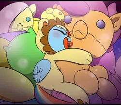 Size: 1152x998 | Tagged: adult foal, artist:doublewbrothers, clothes, costume, cropped, derpibooru import, fluttershy, footed sleeper, giant plushie, kigurumi, pacifier, plushie, rainbow dash, rainbow dash simulator, safe, scootaloo, sleeping, spitfire