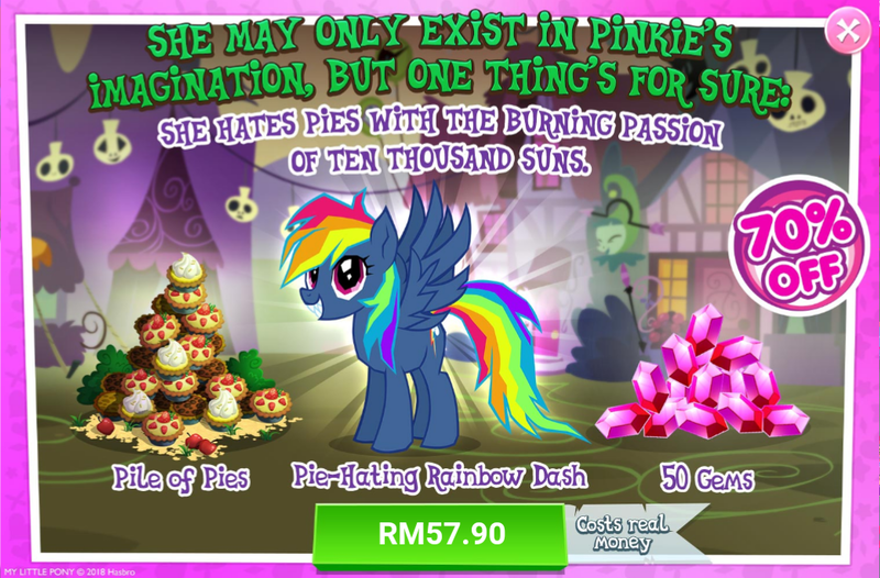 Size: 1043x686 | Tagged: adorapiehater, advertisement, costs real money, cute, derpibooru import, evil pie hater dash, gameloft, gem, official, rainbow dash, safe, sale, secrets and pies, smiling, when she smiles