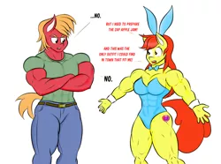 Size: 1280x950 | Tagged: suggestive, artist:matchstickman, derpibooru import, apple bloom, big macintosh, anthro, earth pony, tumblr:where the apple blossoms, family appreciation day, abs, apple brawn, biceps, breasts, bunny ears, bunny suit, busty apple bloom, clothes, comic, cuffs (clothes), cutie mark, deltoids, dialogue, duo, female, jeans, male, mare, matchstickman's apple brawn series, muscles, older, older apple bloom, pants, pecs, shirt, stallion, the cmc's cutie marks, thighs, thunder thighs, tumblr comic