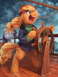 Size: 1770x2328 | Tagged: safe, artist:audrarius, derpibooru import, applejack, rarity, earth pony, pony, unicorn, ppov, absolute madman, bipedal, captain jackbeard, clothes, cloud, coat, duo, duo female, faic, female, freckles, gritted teeth, hat, helm, mare, nervous, no way yes way, open mouth, pirate, quarterdeck, rain, sailship, scene interpretation, ship, shrunken pupils, storm, sweater, water, wave, windblown, windswept mane