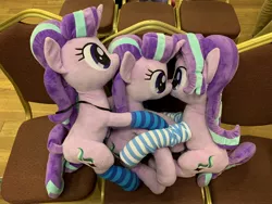 Size: 2048x1536 | Tagged: chair, clothes, cuddle puddle, cuddling, derpibooru import, irl, multeity, photo, photographer:exakr, pony pile, project seaponycon, safe, singapore, socks, starlight cluster, starlight glimmer, striped socks, triality, trio