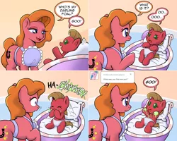 Size: 1502x1202 | Tagged: safe, artist:muffinshire, derpibooru import, oc, oc:charity, oc:pun, pony, ask pun, ask, baby, baby pony, baby punny, diaper, female, mother and child, mother and daughter, sneezing, snot