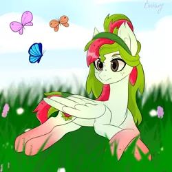 Size: 2000x2000 | Tagged: safe, artist:bestiary, derpibooru import, oc, oc:watermelana, unofficial characters only, butterfly, pegasus, pony, cloud, flower, freckles, gradient hooves, grass, lying down, sky, solo