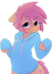 Size: 1665x2361 | Tagged: safe, artist:apony, derpibooru import, fluttershy, semi-anthro, blushing, butterscotch, clothes, femboy, hoodie, it's a trap, male, misleading thumbnail, rule 63, simple background, smiling, solo, sweater, transparent background