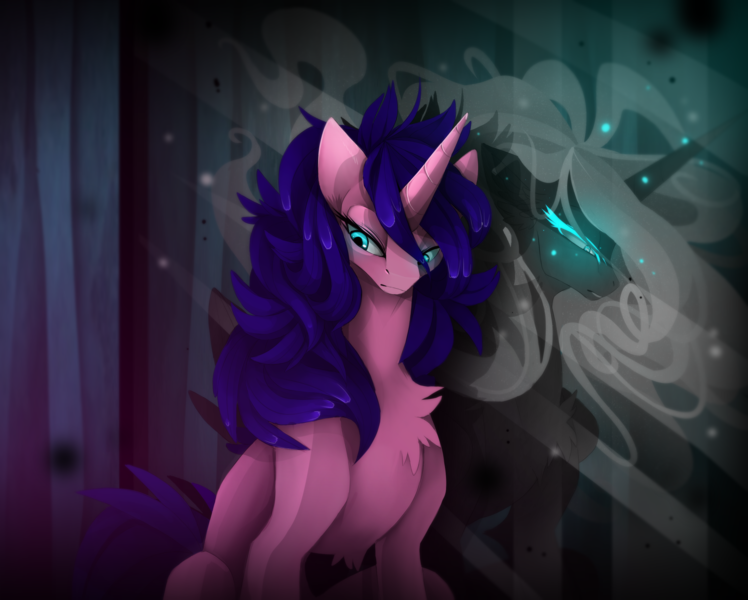 Size: 2000x1604 | Tagged: safe, artist:taiga-blackfield, derpibooru import, oc, oc:malice, unofficial characters only, alicorn, pony, alicorn oc, blue eyes, horn, mirror, smoke, wings