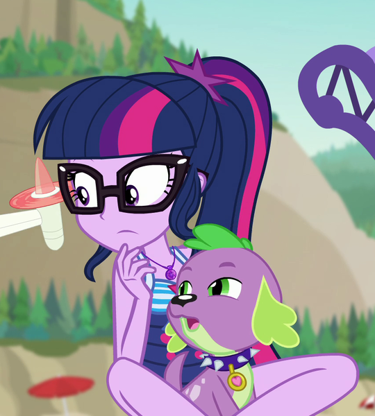 Size: 850x944 | Tagged: safe, derpibooru import, screencap, sci-twi, spike, spike the regular dog, twilight sparkle, dog, equestria girls, equestria girls series, forgotten friendship, clothes, cropped, female, geode of telekinesis, glasses, magical geodes, male, ponytail, swimsuit