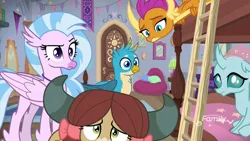 Size: 1920x1080 | Tagged: safe, derpibooru import, screencap, gallus, ocellus, silverstream, smolder, yona, changedling, changeling, classical hippogriff, dragon, gryphon, hippogriff, yak, school raze, bunk bed, ladder, raised eyebrow