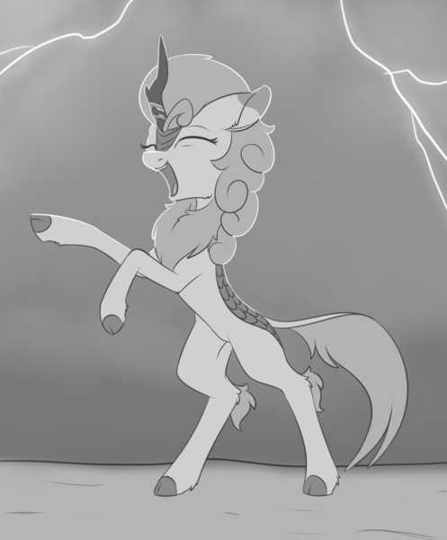 Size: 1220x1472 | Tagged: artist:dusthiel, autumn blaze, derpibooru import, eyes closed, female, grayscale, kirin, lightning, monochrome, open mouth, quadrupedal, rearing, safe, solo, sounds of silence