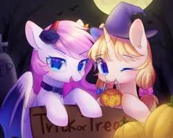 Size: 2000x1600 | Tagged: safe, artist:leafywind, derpibooru import, oc, unofficial characters only, pony, unicorn, :p, clothes, costume, duo, female, full moon, halloween, halloween costume, hat, holiday, jack-o-lantern, mare, moon, night, one eye closed, open mouth, pumpkin, pumpkin bucket, sign, silly, smiling, tongue out, wink, witch hat
