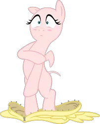 Size: 2667x3299 | Tagged: safe, artist:echoes111, artist:hourglass-vectors, artist:masem, artist:porygon2z, derpibooru import, edit, edited edit, editor:slayerbvc, fluttershy, pegasus, pony, bald, bipedal, blushing, clothes, costume, covering, embarrassed, embarrassed nude exposure, female, fluttershy suit, furless, furless edit, mare, naked rarity, nude edit, nudity, plucked wings, pony costume, ponysuit, shaved, shaved tail, simple background, solo, transparent background, undressing, unzipped, wide eyes, wings, zipper