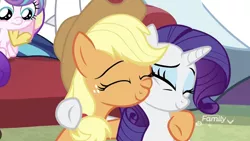 Size: 1334x750 | Tagged: safe, derpibooru import, screencap, applejack, princess cadance, princess flurry heart, rarity, shining armor, earth pony, pony, unicorn, best gift ever, cheek squish, cute, discovery family logo, duo focus, eyes closed, female, hoof shoes, hug, jackabetes, mare, raribetes, shipping fuel, squishy cheeks