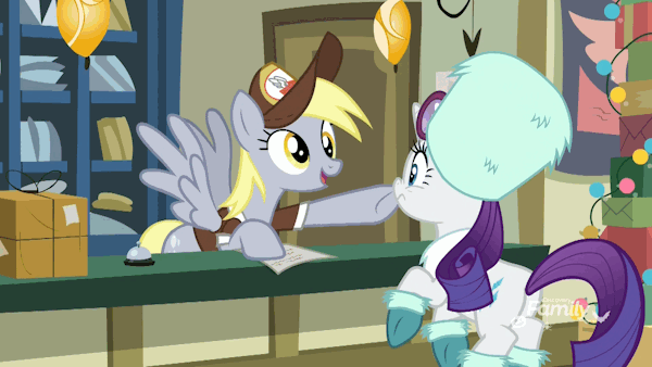 Size: 600x338 | Tagged: safe, derpibooru import, screencap, derpy hooves, rarity, pegasus, pony, unicorn, best gift ever, animated, boop, clothes, duo, female, gif, hat, mare, noseboop, post office, socks, uniform