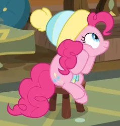 Size: 475x499 | Tagged: safe, derpibooru import, screencap, pinkie pie, earth pony, pony, best gift ever, clothes, cropped, female, hat, mare, scarf, sitting, solo, stool