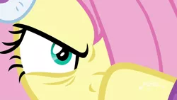 Size: 1920x1080 | Tagged: safe, derpibooru import, screencap, fluttershy, pegasus, pony, best gift ever, angry, badass, close-up, evil eye, female, flutterbadass, hair over one eye, mare, narrowed eyes, solo, you are already dead, you dun goofed