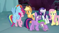 Size: 1280x720 | Tagged: safe, derpibooru import, screencap, applejack, fluttershy, pinkie pie, rainbow dash, rarity, spike, twilight sparkle, twilight sparkle (alicorn), alicorn, dragon, earth pony, pegasus, pony, unicorn, school raze, female, male, mane seven, mane six, mare, tartarus, winged spike