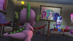 Size: 1920x1080 | Tagged: safe, derpibooru import, discord, princess ember, rarity, spike, starlight glimmer, thorax, trixie, changedling, changeling, 3d, animated, bookshelf, clothes, couch, disguise, disguised changeling, fireplace, hearth's warming tree, king thorax, no sound, present, socks, source filmmaker, striped socks, tree, webm