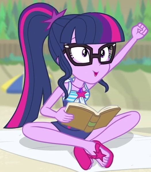 Size: 567x648 | Tagged: safe, derpibooru import, screencap, sci-twi, twilight sparkle, equestria girls, equestria girls series, forgotten friendship, book, clothes, cropped, cute, feet, flip-flops, geode of telekinesis, glasses, go sports, legs, magical geodes, sandals, solo, swimsuit, twiabetes