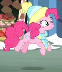 Size: 862x1003 | Tagged: safe, derpibooru import, screencap, pinkie pie, earth pony, pony, best gift ever, bouncing, clothes, cropped, cute, diapinkes, female, hat, mare, pronking, scarf, shadow, snow, solo