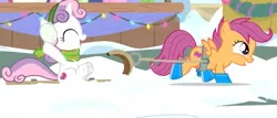 Size: 1669x716 | Tagged: safe, derpibooru import, screencap, scootaloo, sweetie belle, pegasus, pony, unicorn, best gift ever, clothes, cute, cutealoo, diasweetes, duo, earmuffs, female, filly, foal, scarf, sleigh, snow