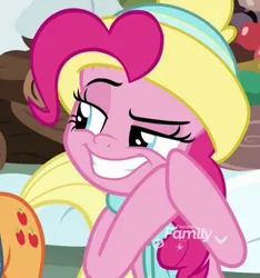 Size: 1002x1070 | Tagged: safe, derpibooru import, screencap, applejack, pinkie pie, pony, best gift ever, clothes, cropped, discovery family logo, faic, female, grin, hat, hooves together, just as planned, mare, rubbing hooves, scarf, smiling, solo focus, winter outfit