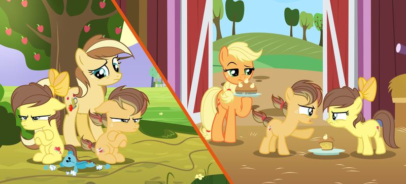 Size: 6256x2836 | Tagged: safe, artist:velveagicsentryyt, derpibooru import, applejack, oc, oc:apple flower, oc:apple pie, oc:appleseed, unofficial characters only, earth pony, pony, apple, apple pie, base used, colt, female, filly, food, male, mare, offspring, parent:applejack, parent:caramel, parents:carajack, pie, siblings