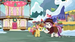 Size: 1280x720 | Tagged: safe, derpibooru import, screencap, cherry berry, constance, heartfelt song, lemon crumble, bird, pegasus, pony, best gift ever, colt, discovery family logo, earmuffs, female, foal, friendship student, home alone, home alone 2: lost in new york, hyper sonic, kevin mccallister, male, mare, parody, pigeon lady, ponyville, ponyville town hall, raised hoof, snow, town hall