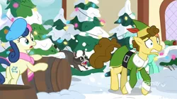 Size: 1280x720 | Tagged: safe, derpibooru import, screencap, bon bon, budding pine, buddy the elf, lyra heartstrings, sweetie drops, earth pony, elf, pony, raccoon, unicorn, best gift ever, barrel, does somebody need a hug, elf costume, feathered hat, female, hat, male, mare, snow, stallion, tree