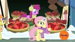 Size: 1920x1080 | Tagged: safe, derpibooru import, screencap, berry punch, berryshine, comet tail, fluttershy, earth pony, pegasus, pony, unicorn, best gift ever, :o, apple, baked goods, basket, bushel basket, clothes, cupcake, discovery family logo, earmuffs, female, food, male, mare, open mouth, scarf, smiling, snow, stallion, sweater, vendor, vendor stall