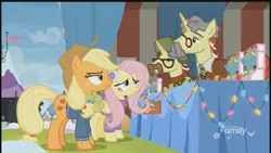 Size: 2208x1242 | Tagged: safe, derpibooru import, screencap, applejack, flam, flim, fluttershy, holly the hearths warmer doll, earth pony, pegasus, pony, unicorn, best gift ever, applejack is not amused, brothers, discovery family logo, disguise, female, flim flam brothers, hat, male, mare, siblings, stallion, twins, unamused